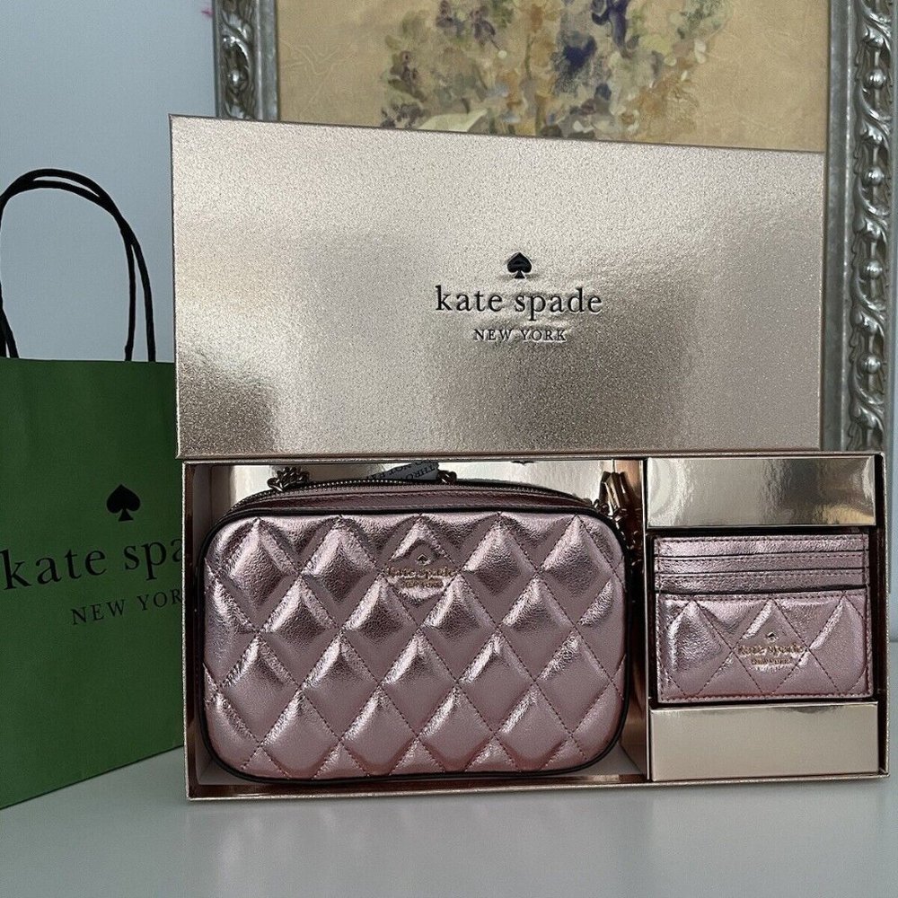 NWT Kate Spade Boxed Quilted Metalic Leather Crossbody Card Case Set In Pink